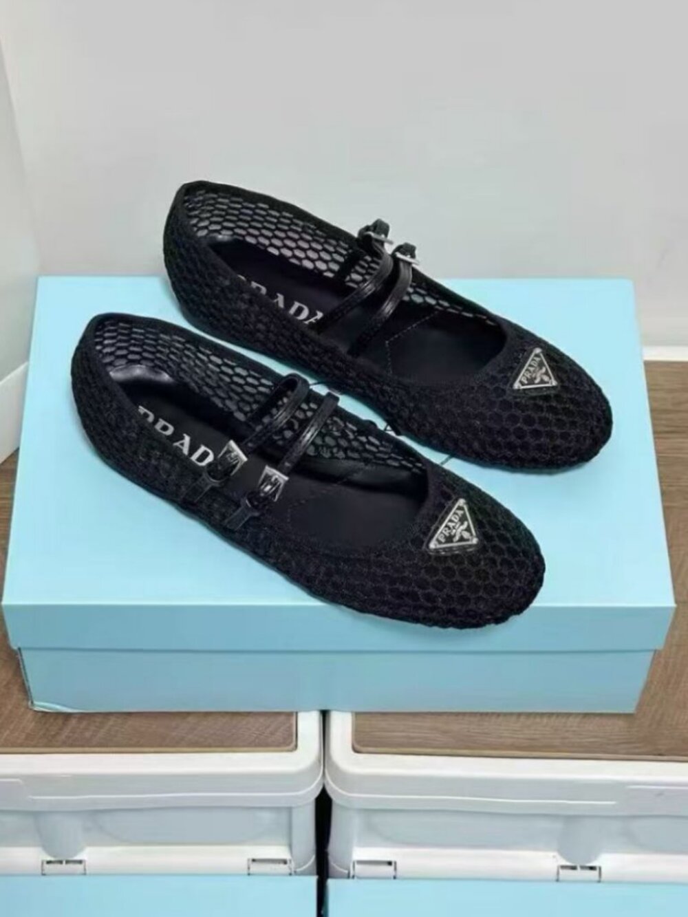 Prada Black Mesh Double‑Strap Mary‑Jane Round‑Toe Flat Ballet Shoes